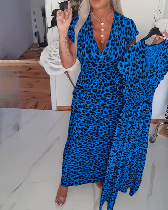 Leopar Desenli V Yakalı Şık Elbise