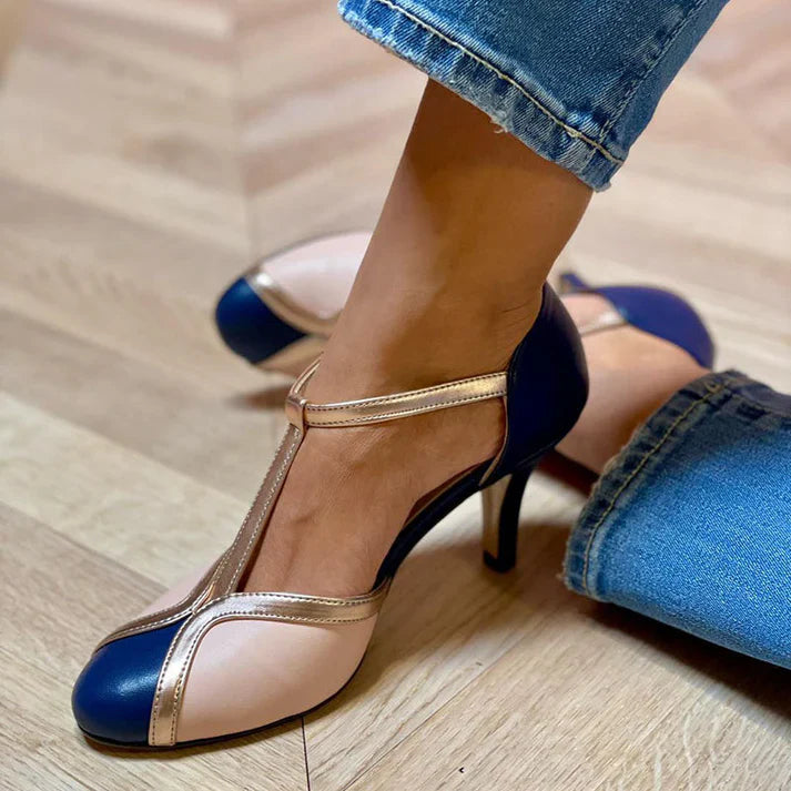 Alessia™ | Renkli ve Rahat T-Strap Yuvarlak Burun Topuklular
