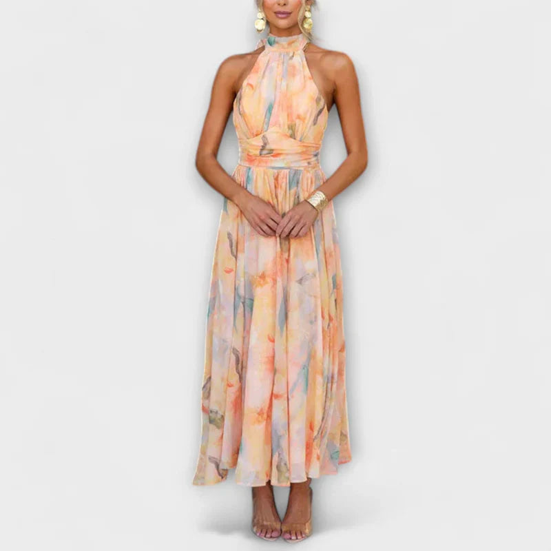 Halter Yaka Akvarel Desenli Maxi Elbise