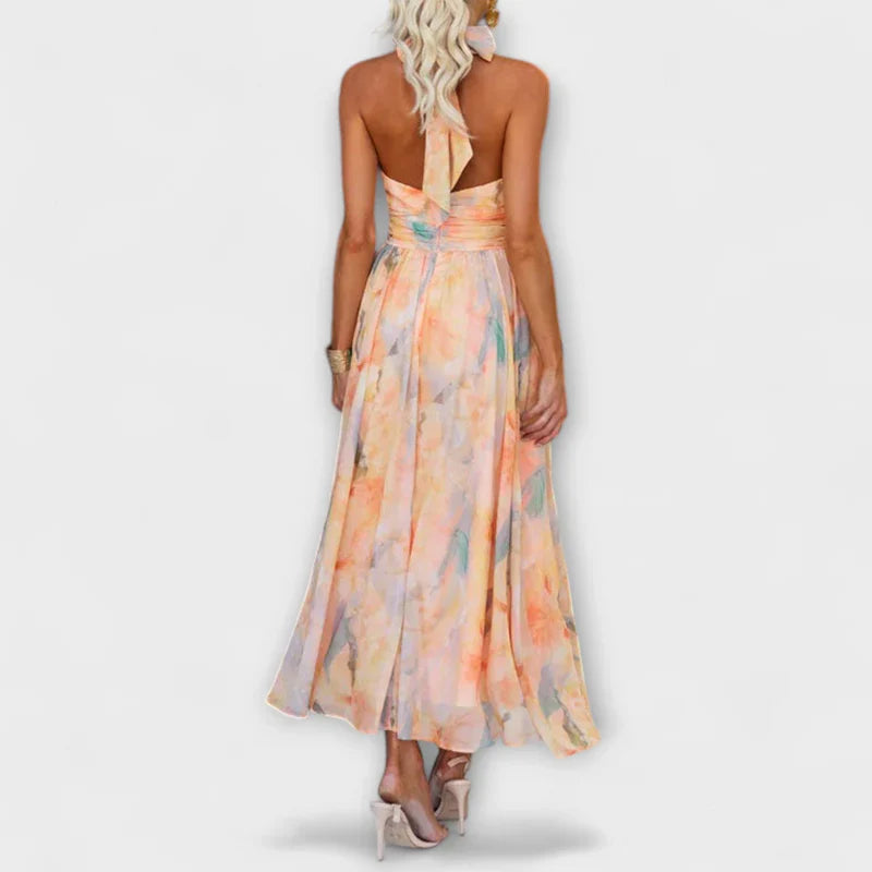 Halter Yaka Akvarel Desenli Maxi Elbise
