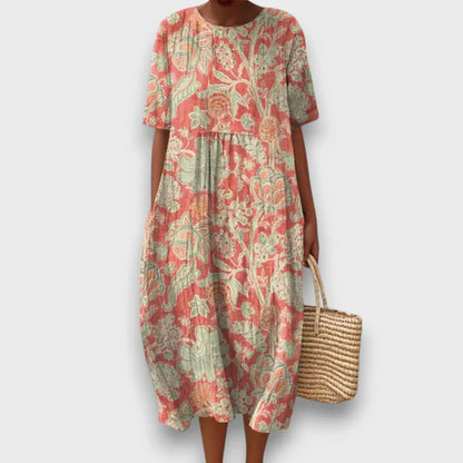 Thaleia – Vintage Çiçek Desenli Midi Elbise