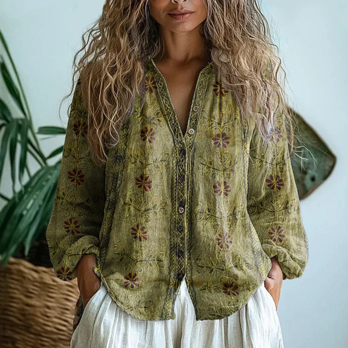 Ambre™ | Vintage Yaprak Desenli Bluz