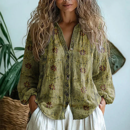 Ambre™ | Vintage Yaprak Desenli Bluz