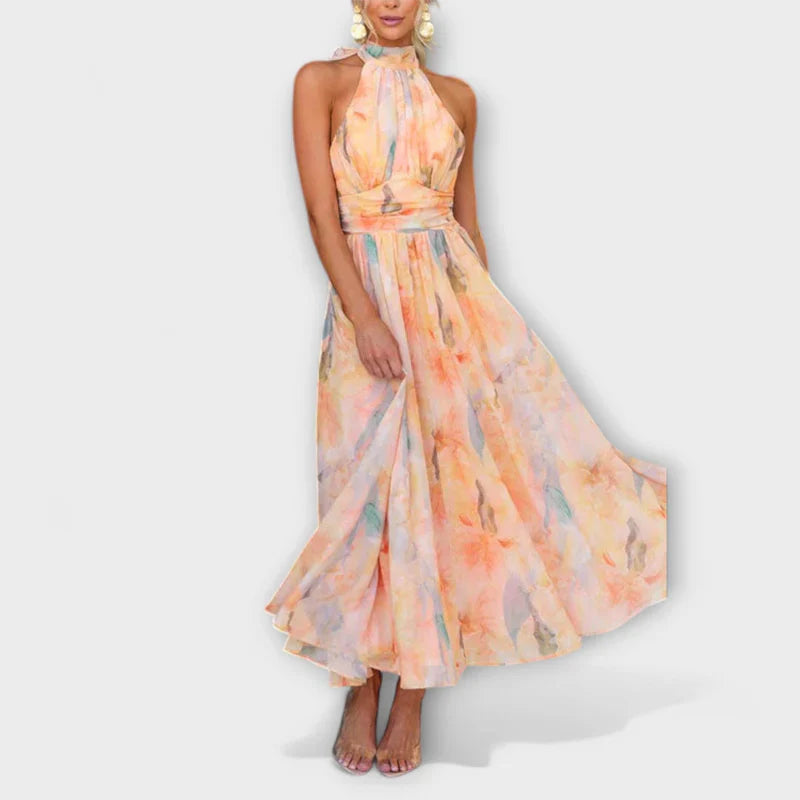 Halter Yaka Akvarel Desenli Maxi Elbise