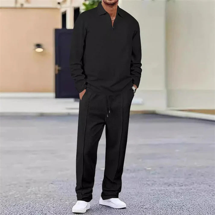 🏃👖 Waffle dokulu sweatshirt ve düz paça pantolondan oluşan erkek takımı