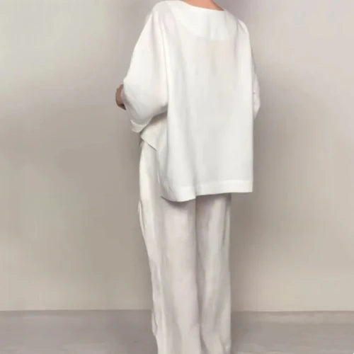 💎 Düzensiz Kesimli Pamuk-Keten 2 Parça Set – V Yaka Üst + Bol Paça Pantolon, nefes alabilir & zahmetsizce şık 🍂👚